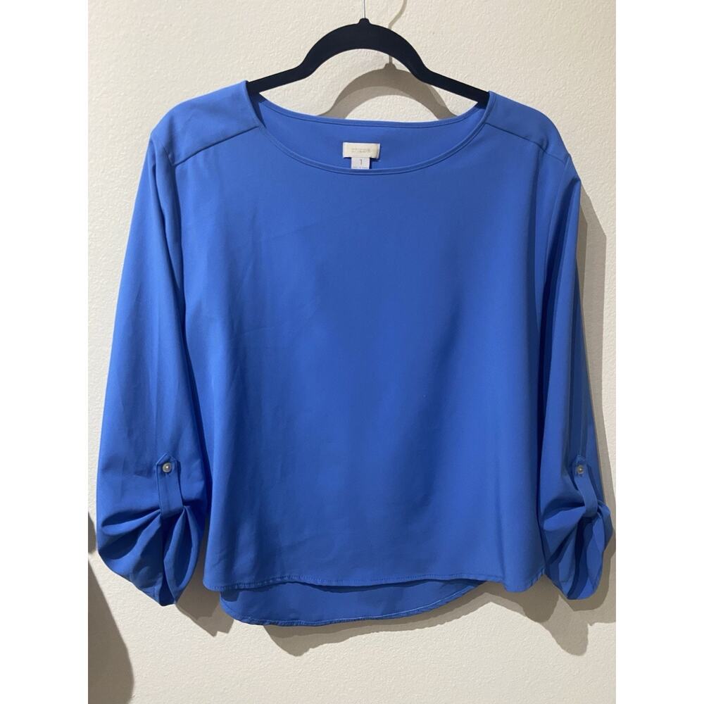 Chicos Blouse Size 1 US Medium 3/4 Roll Tab Sleeves Stretch Hi Low Hem